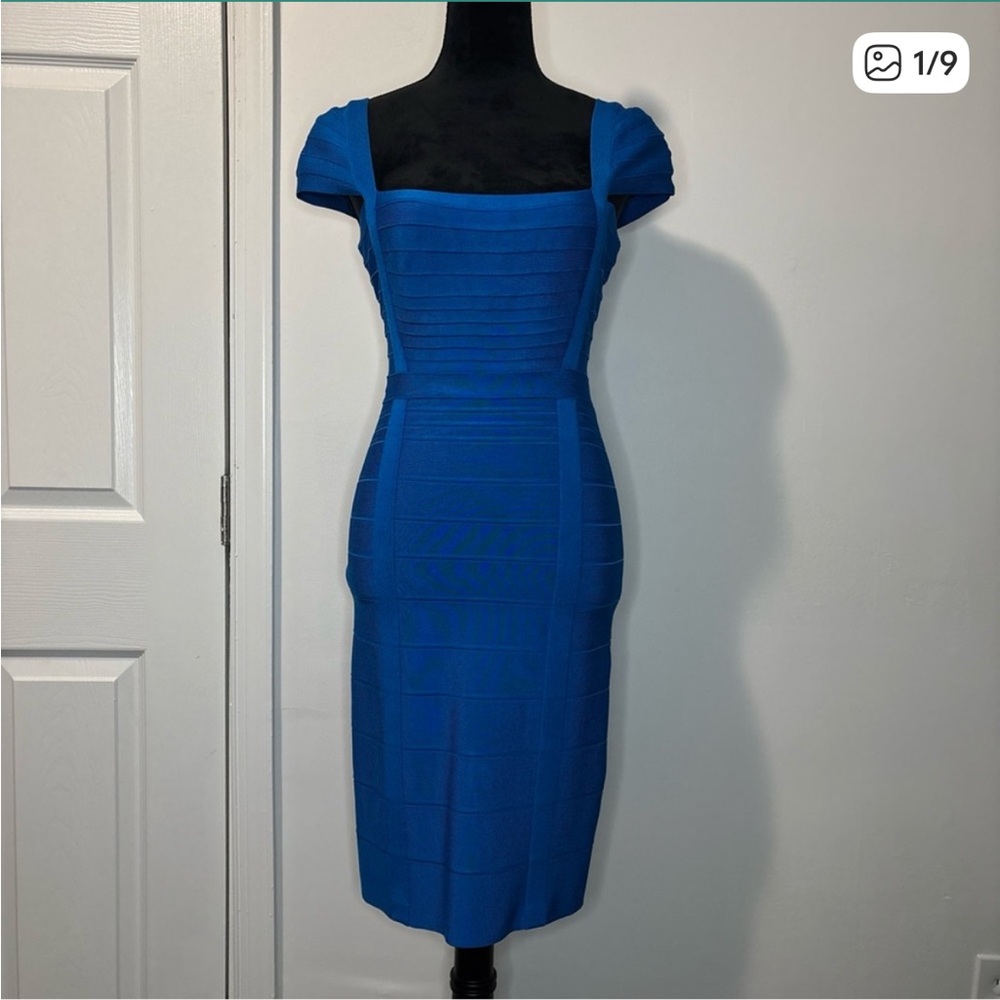 Herve Leger Kristen Deep Ocean Cap Sleeve Bandage Dress